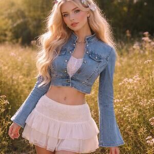 Rare My Michelle Y2K Cropped Jean Jacket Fitted Mandarin Collar Flare Cuff S